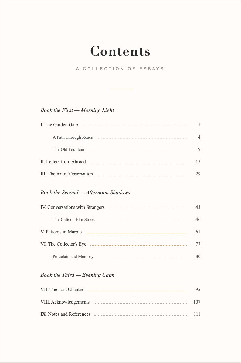 Elegant sophisticated book table of contents
